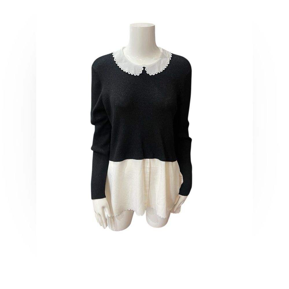 ELLE Black White Layered Sweater Top Peter Pan Collar Chiffon Hem Women’s M